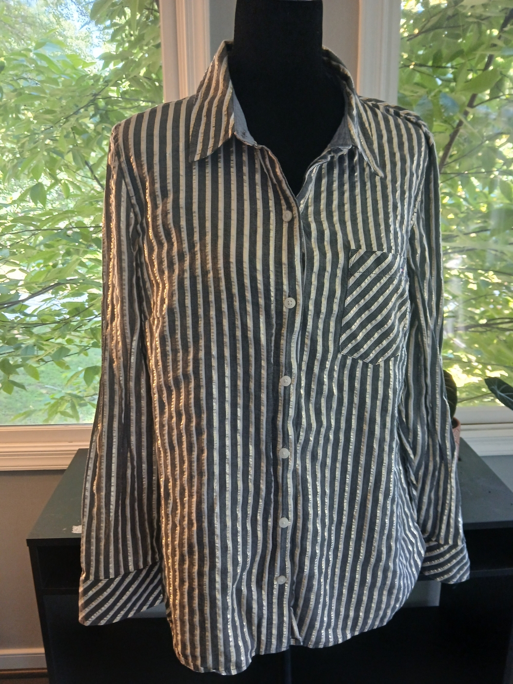 Tommy Hilfiger Black and White Siver/Gold Striped Button-Down Shirt Size L